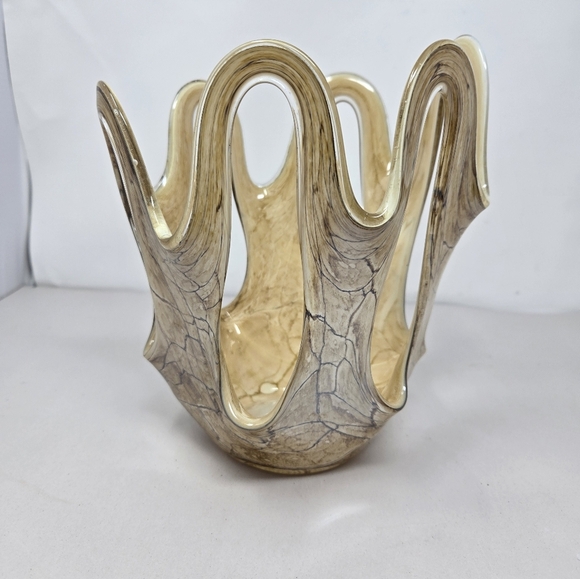 Makora Krosno Vintage Hand Blown Made Swirl Gold & Brown Open Vase Glass Ruffle - Picture 2 of 10